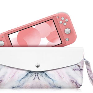 A coral pink Nintendo device being placed into a soft Switch Lite carrying case with a marble pattern and a white flap. The case has a wrist strap on the side for easy carrying.